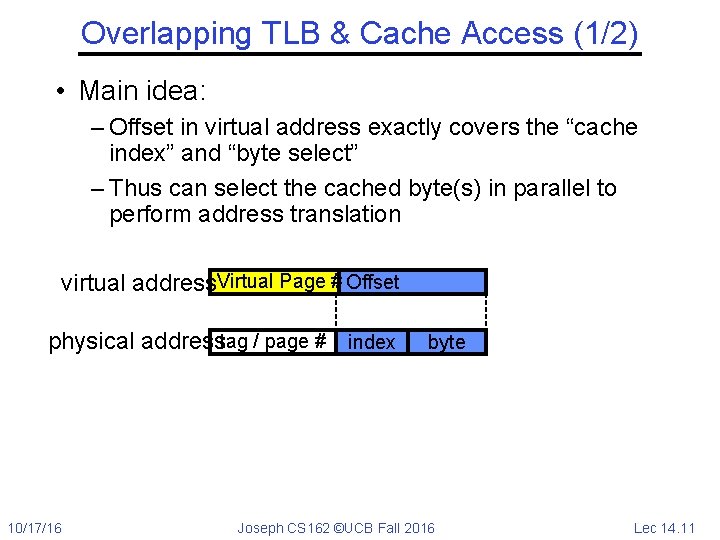 Overlapping TLB & Cache Access (1/2) • Main idea: – Offset in virtual address