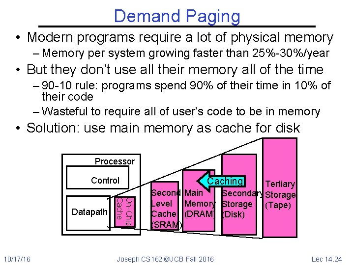 Demand Paging • Modern programs require a lot of physical memory – Memory per