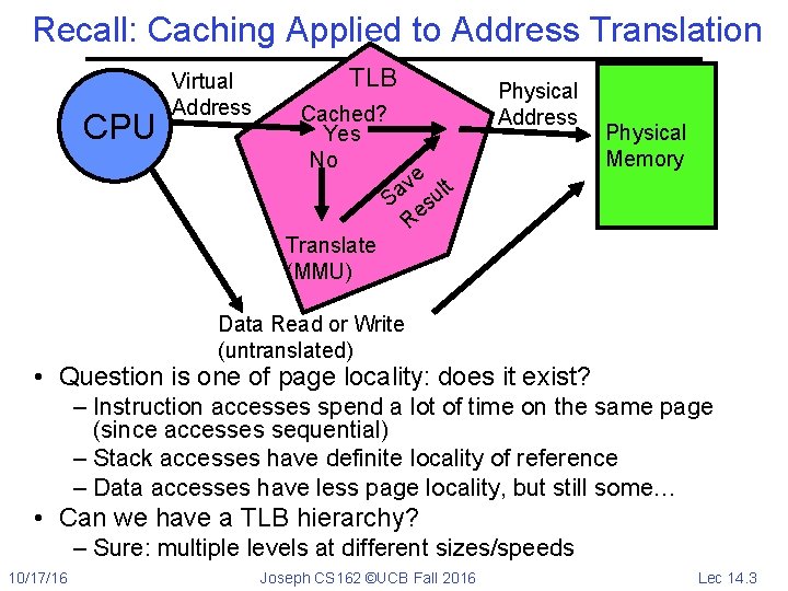 Recall: Caching Applied to Address Translation CPU Virtual Address TLB Cached? Yes No Translate