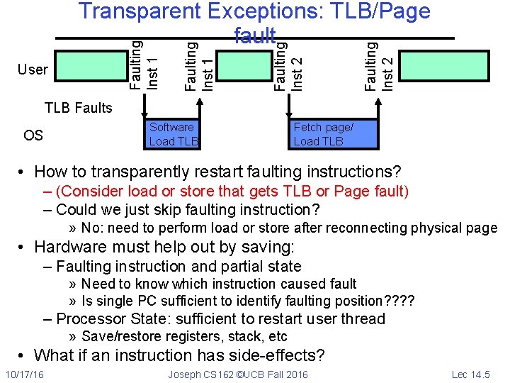Faulting Inst 2 User Faulting Inst 1 Transparent Exceptions: TLB/Page fault TLB Faults OS