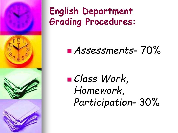 English Department Grading Procedures: n Assessmentsn Class 70% Work, Homework, Participation- 30% 