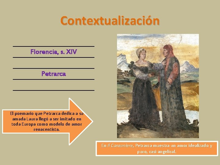 Contextualización Florencia, s. XIV Petrarca El poemario que Petrarca dedica a su amada Laura Contextualización Florencia, s. XIV Petrarca El poemario que Petrarca dedica a su amada Laura