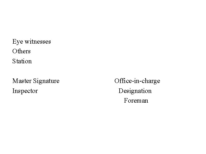 Eye witnesses Others Station Master Signature Inspector Office-in-charge Designation Foreman 