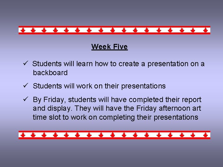 Week Five ü Students will learn how to create a presentation on a backboard