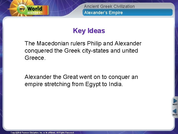 Ancient Greek Civilization Alexander’s Empire Key Ideas The Macedonian rulers Philip and Alexander conquered