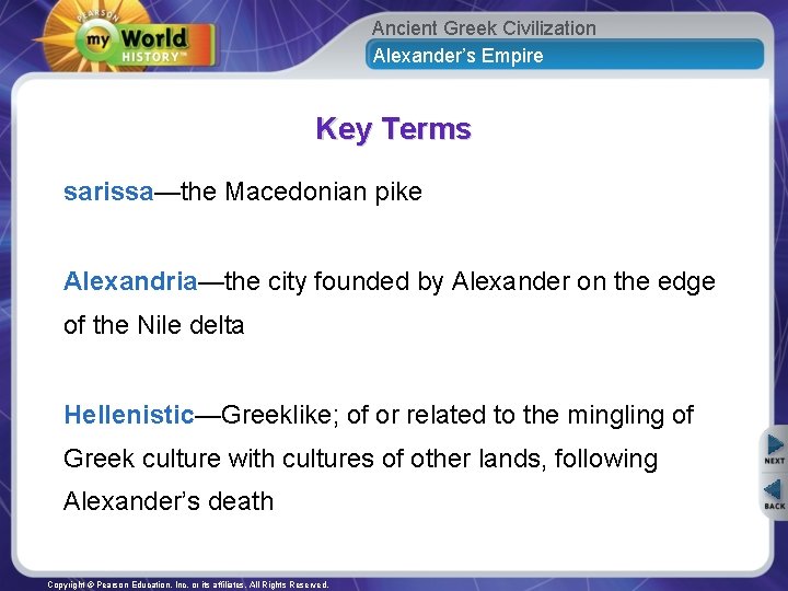 Ancient Greek Civilization Alexander’s Empire Key Terms sarissa—the Macedonian pike Alexandria—the city founded by