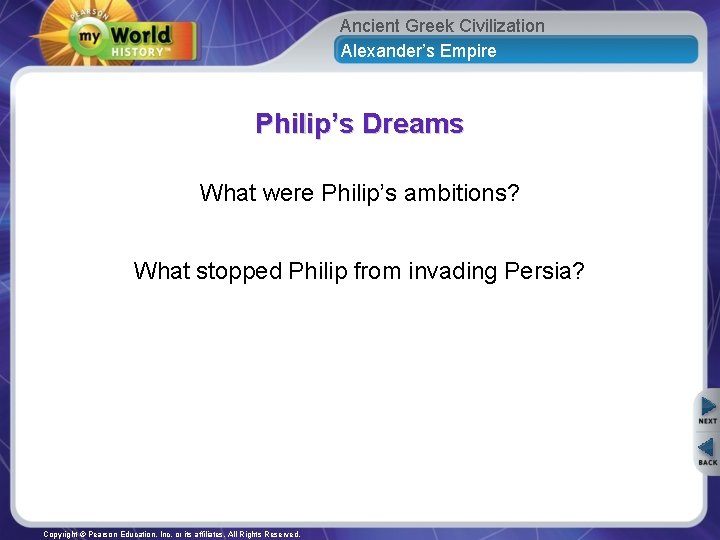 Ancient Greek Civilization Alexander’s Empire Philip’s Dreams What were Philip’s ambitions? What stopped Philip