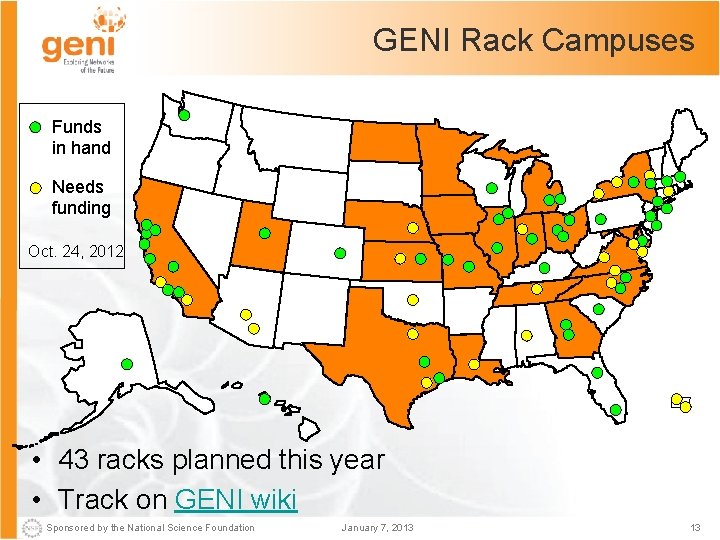 GENI Rack Campuses Funds in hand Needs funding Oct. 24, 2012 • 43 racks