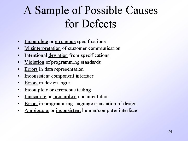 A Sample of Possible Causes for Defects • • • Incomplete or erroneous specifications