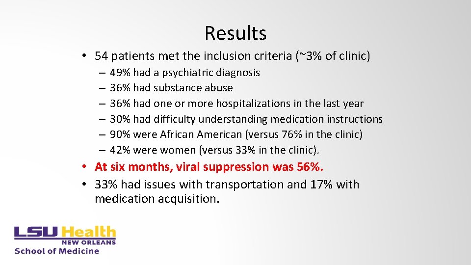 Results • 54 patients met the inclusion criteria (~3% of clinic) – – –