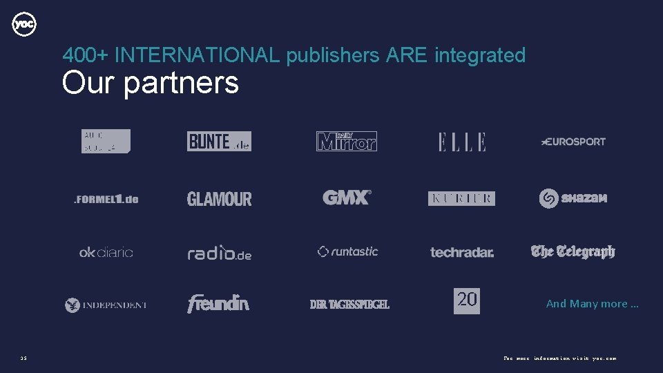 400+ INTERNATIONAL publishers ARE integrated Our partners And Many more … 35 For more