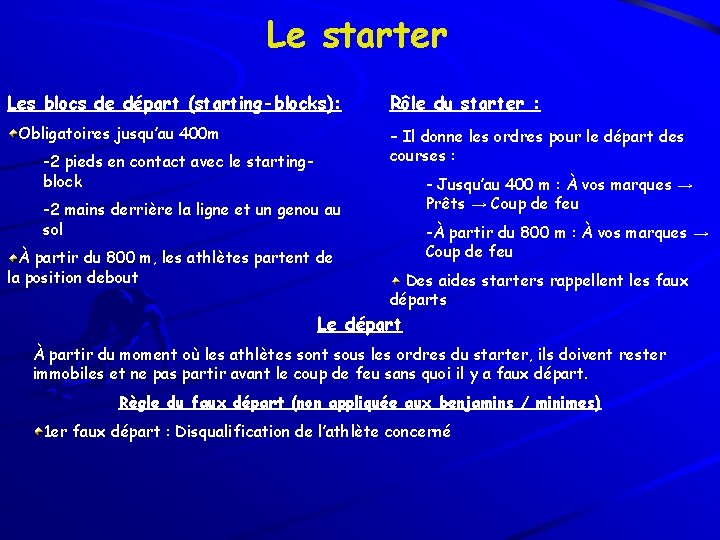 Le starter Les blocs de départ (starting-blocks): Obligatoires jusqu’au 400 m Rôle du starter