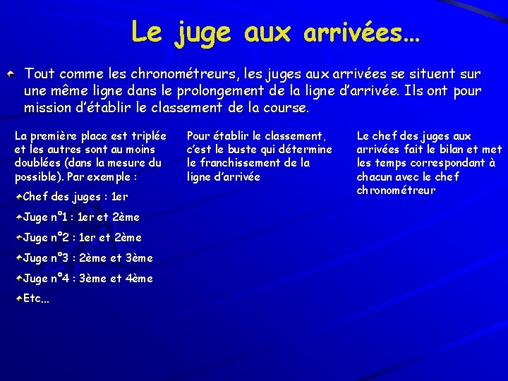 Le juge aux arrivées… Tout comme les chronométreurs, les juges aux arrivées se situent