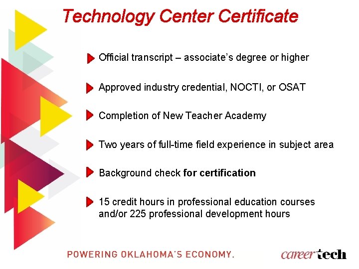 Technology Center Certificate Official transcript – associate’s degree or higher Approved industry credential, NOCTI,