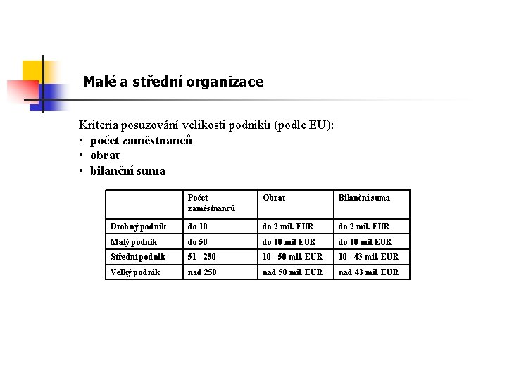 Malé a střední organizace Kriteria posuzování velikosti podniků (podle EU): • počet zaměstnanců •