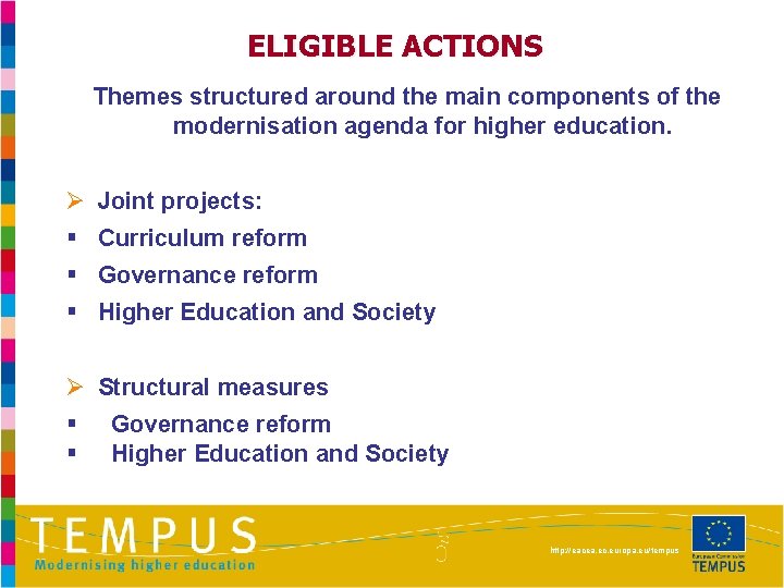 ELIGIBLE ACTIONS Themes structured around the main components of the modernisation agenda for higher