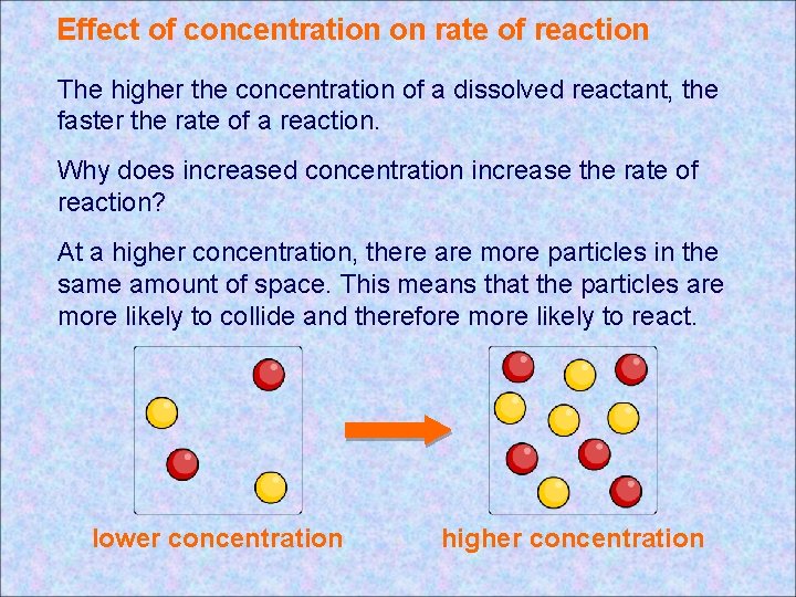 Effect of concentration on rate of reaction The higher the concentration of a dissolved Effect of concentration on rate of reaction The higher the concentration of a dissolved
