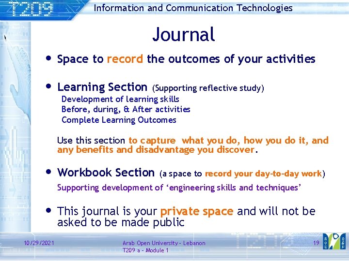 Information and Communication Technologies Journal • Space to record the outcomes of your activities