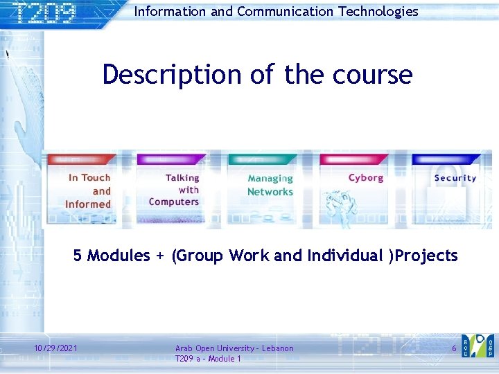 Information and Communication Technologies Description of the course 5 Modules + (Group Work and