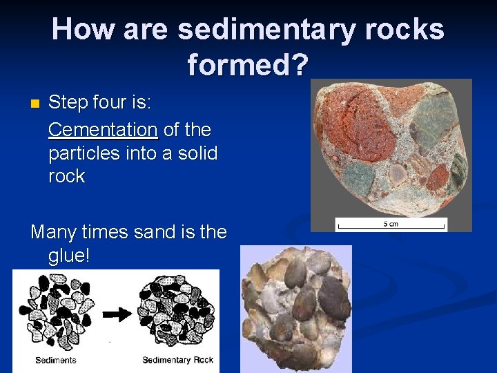 How are sedimentary rocks formed? n Step four is: Cementation of the particles into