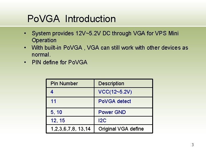 Po. VGA Introduction • System provides 12 V~5. 2 V DC through VGA for