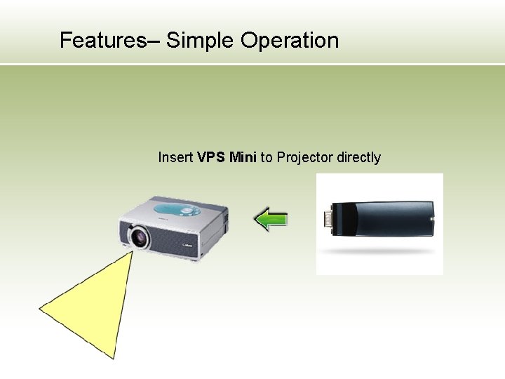 Features– Simple Operation Insert VPS Mini to Projector directly 
