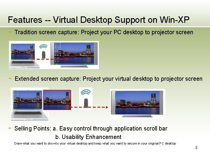 Features -- Virtual Desktop Support on Win-XP Tradition screen capture: Project your PC desktop