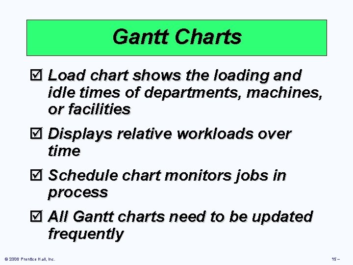 Gantt Charts þ Load chart shows the loading and idle times of departments, machines,