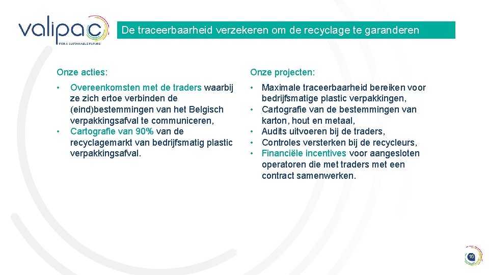 De traceerbaarheid verzekeren om de recyclage te garanderen Onze acties: Onze projecten: • •