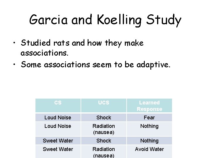 Garcia and Koelling Study • Studied rats and how they make associations. • Some
