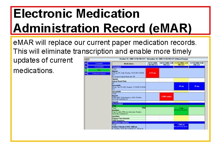 Electronic Medication Administration Record (e. MAR) e. MAR will replace our current paper medication