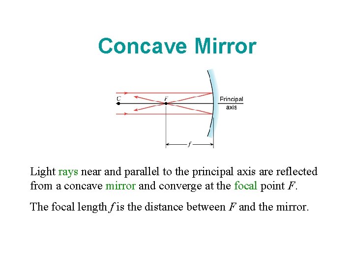 Concave Mirror Light rays near and parallel to the principal axis are reflected from