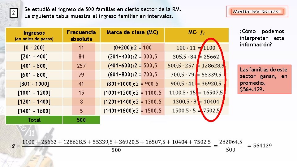 2 Se estudió el ingreso de 500 familias en cierto sector de la RM.