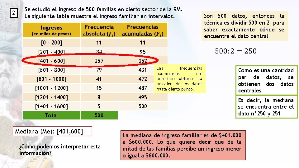 2 Se estudió el ingreso de 500 familias en cierto sector de la RM.