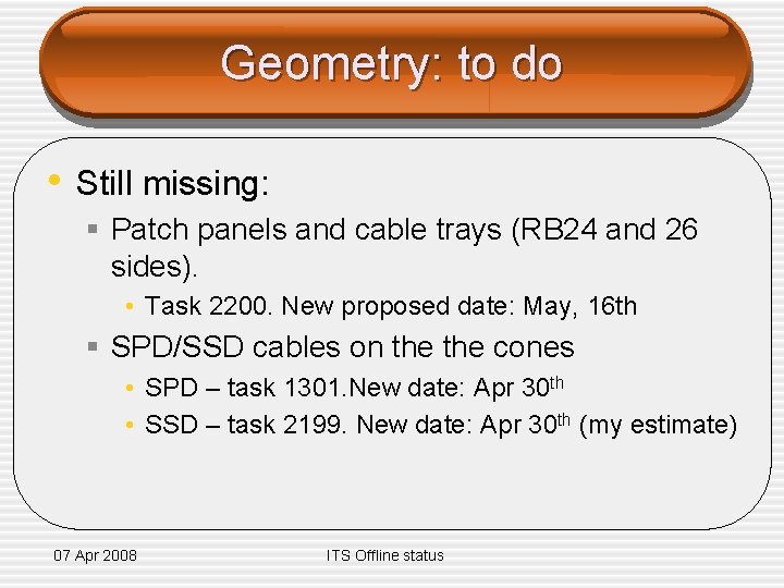 Geometry: to do • Still missing: § Patch panels and cable trays (RB 24