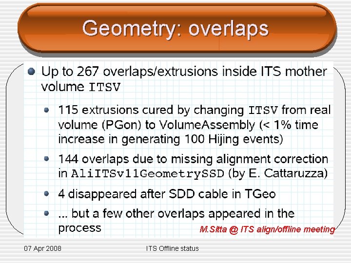 Geometry: overlaps M. Sitta @ ITS align/offline meeting 07 Apr 2008 ITS Offline status