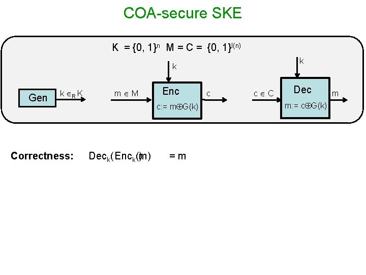 COA-secure SKE K = {0, 1}n M = C = {0, 1}l(n) k k