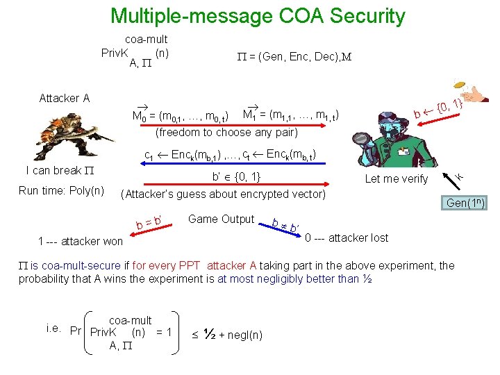 Multiple-message COA Security coa-mult Priv. K (n) A, Attacker A = (Gen, Enc, Dec),