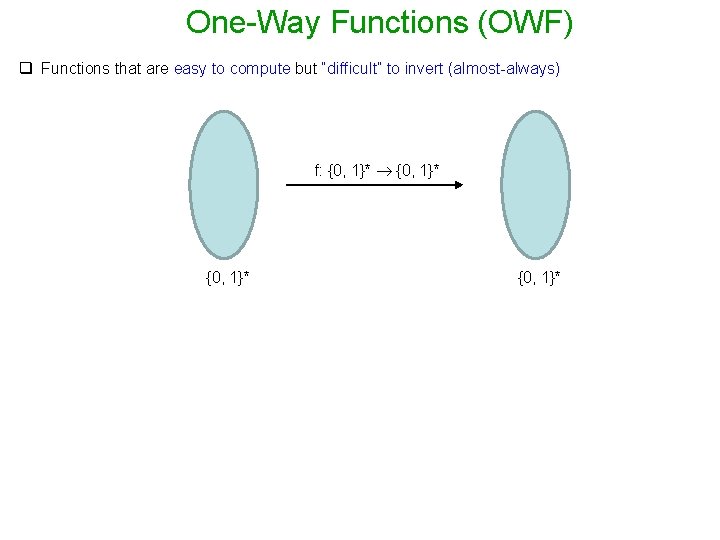 One-Way Functions (OWF) q Functions that are easy to compute but “difficult” to invert