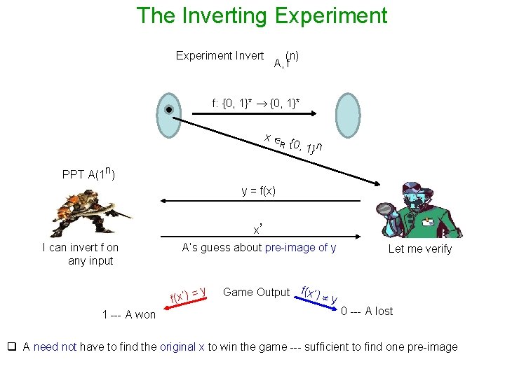 The Inverting Experiment Invert (n) A, f f: {0, 1}* x R {0, 1