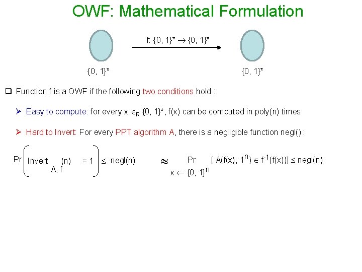 OWF: Mathematical Formulation f: {0, 1}* q Function f is a OWF if the