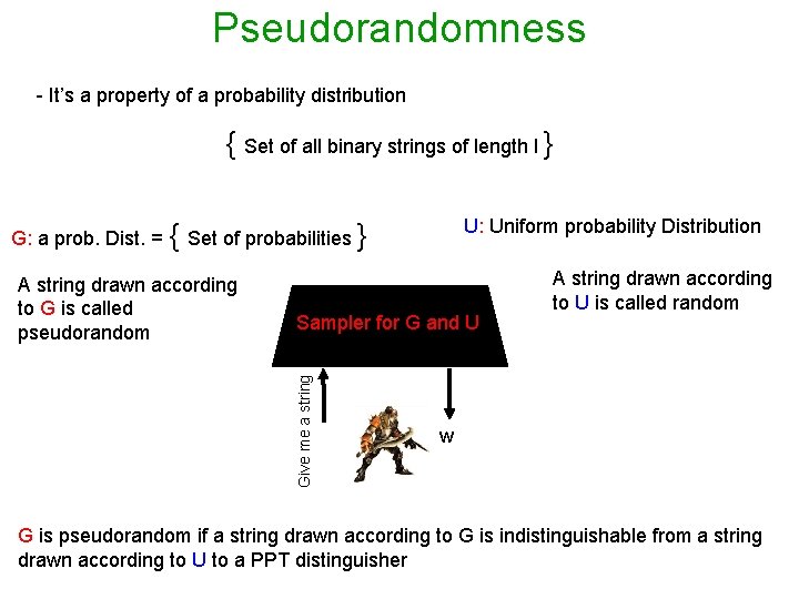 Pseudorandomness - It’s a property of a probability distribution { Set of all binary