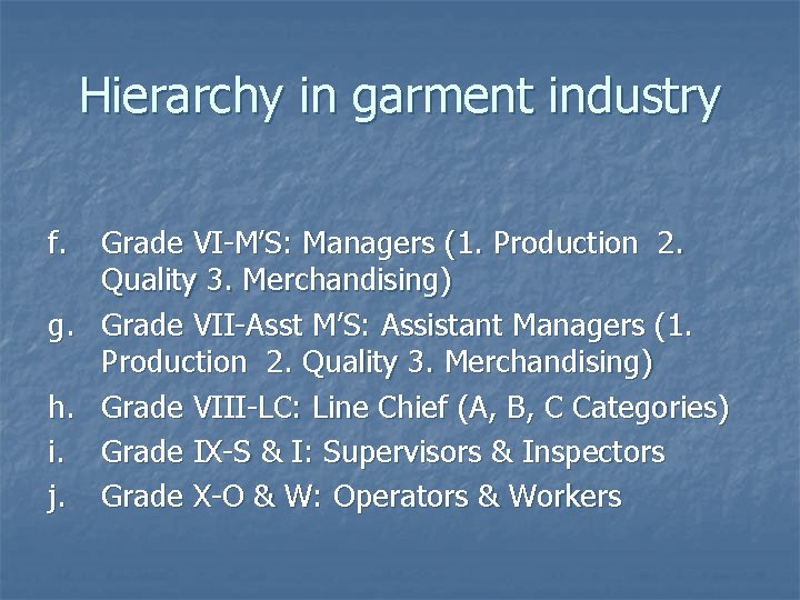 Hierarchy in garment industry f. Grade VI-M’S: Managers (1. Production 2. Quality 3. Merchandising)