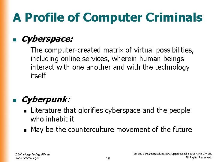 A Profile of Computer Criminals n Cyberspace: The computer-created matrix of virtual possibilities, including