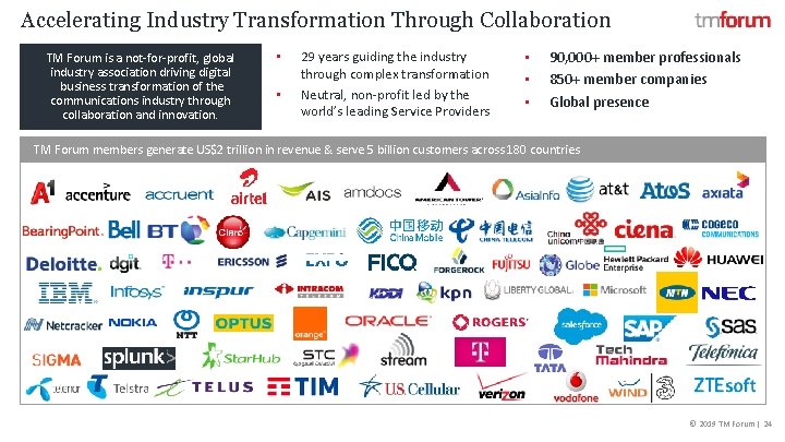 Accelerating Industry Transformation Through Collaboration TM Forum is a not-for-profit, global industry association driving