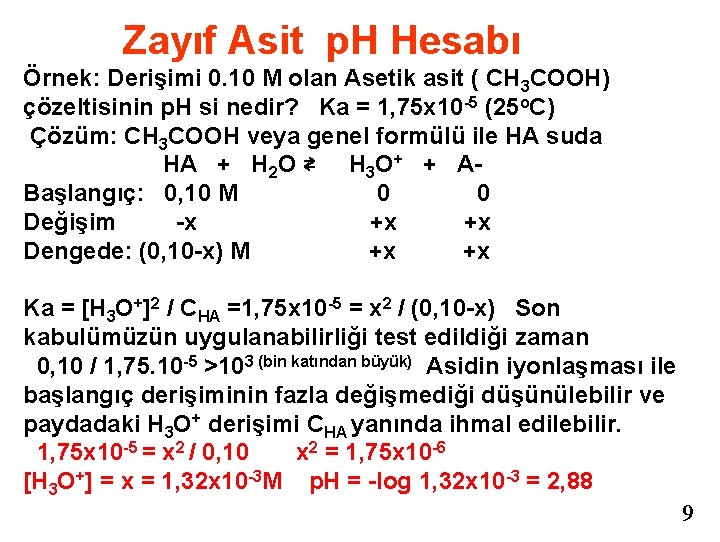 Zayıf Asit p. H Hesabı Örnek: Derişimi 0. 10 M olan Asetik asit (
