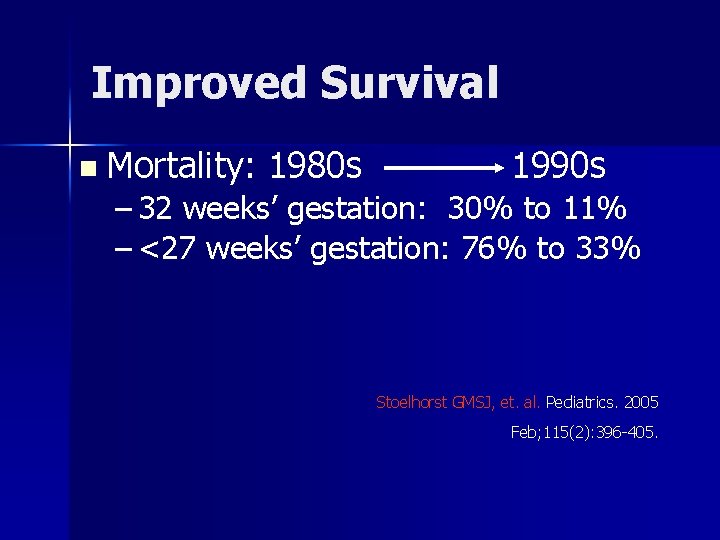 Improved Survival n Mortality: 1980 s 1990 s – 32 weeks’ gestation: 30% to