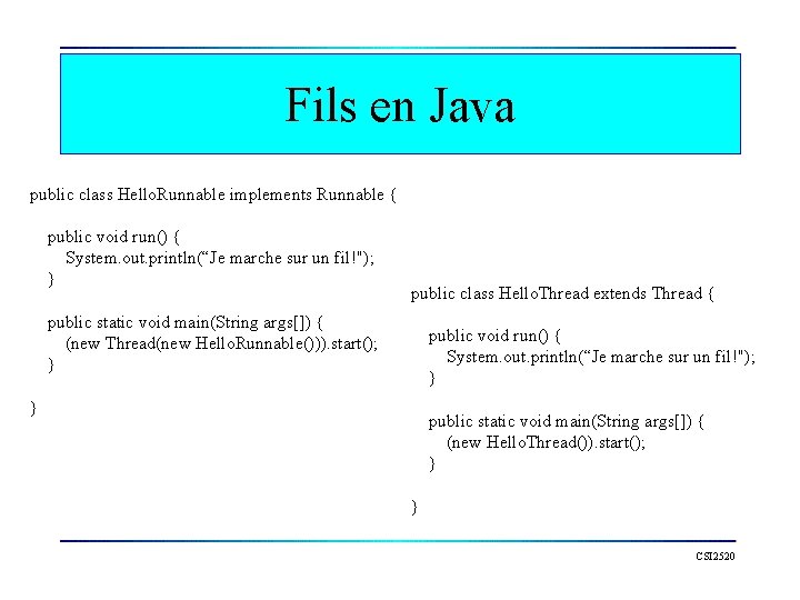 Fils en Java public class Hello. Runnable implements Runnable { public void run() {