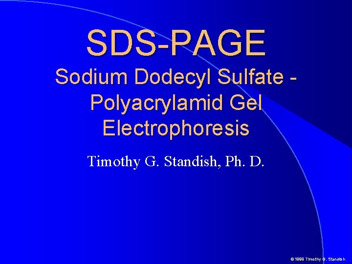 SDS-PAGE Sodium Dodecyl Sulfate Polyacrylamid Gel Electrophoresis Timothy G. Standish, Ph. D. © 1999