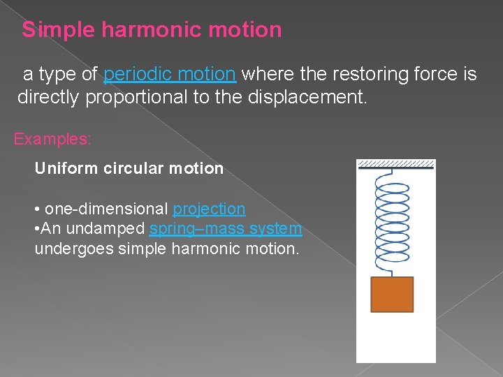Simple harmonic motion a type of periodic motion where the restoring force is directly